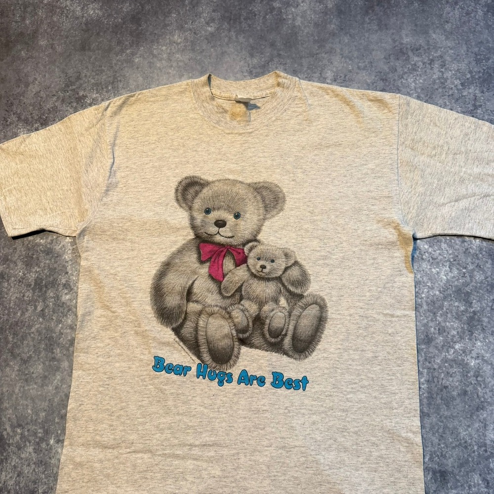 Vintage Bear Hugs Are Best‎ Graphic T-Shirt Gray Large Made in USA Single Stitch